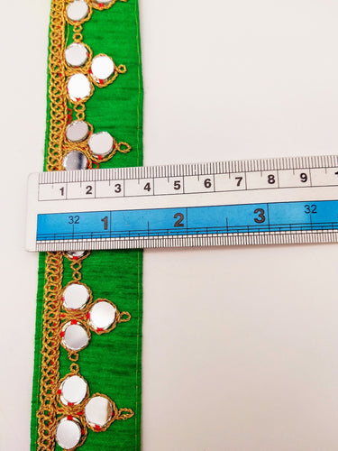 Green Silk Trim With Mirrors Embellishments and Gold Embroidery, Approx. 34mm Wide, Decorative Trim Costume Trim Fashion Trim By Yard